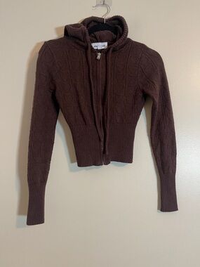 Urban Weekend Crop Cardigan Hoodie Juniors Small Brown Knit Sweater Heart Twee